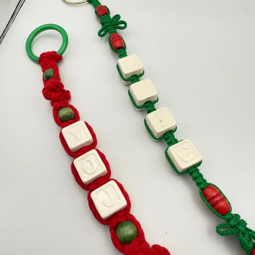 Vintage‎ Macrame Christmas Door Hangers Noel Joy Red Green Jingle Bells Set of 2